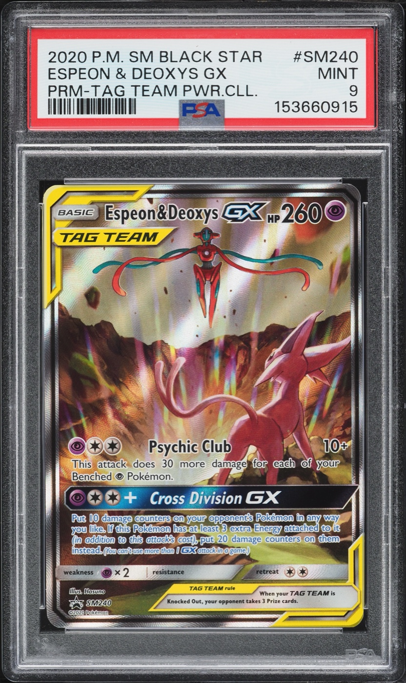 Espeon and Deoxys GX SM240, PSA 9, listing photo